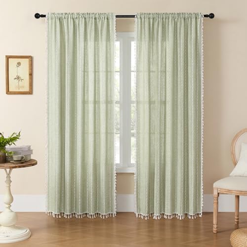 MitoVilla Sage Green Boho Linen Bedroom Curtains 84 Inch Length 2 Panels Set by MitoVilla