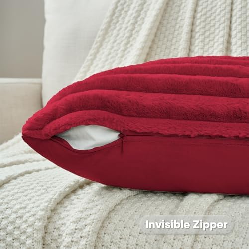 FUTEI Pack of 2 Faux Fur Throw Pillow Covers 16x16 Inch, Retro Red - Image 3