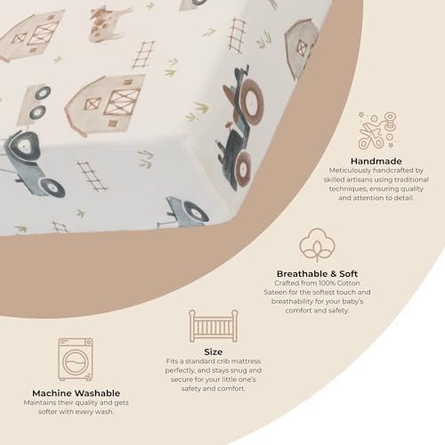 Crane Baby Charlie Farmhouse Tractor Crib Fitted Sheet, 100% Cotton Baby Bed - Image 2