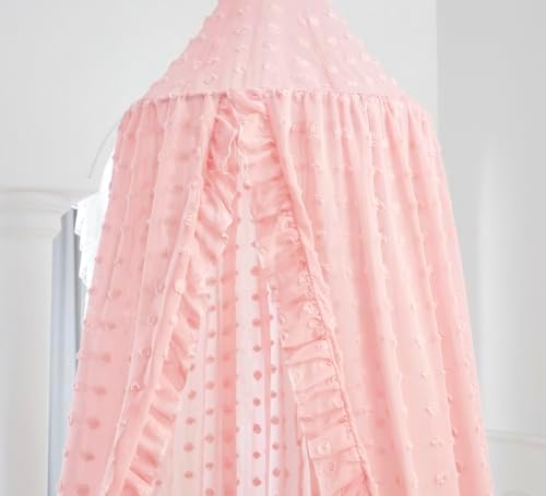 Mengesi Bed Canopy with Pom Pom- Lace Chiffon Canopy Bed Curtains, Ruffles - Image 5