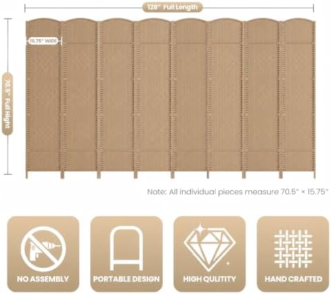8 Panel Folding Room Divider, Woven Privacy Screen, Light Beige - Image 3