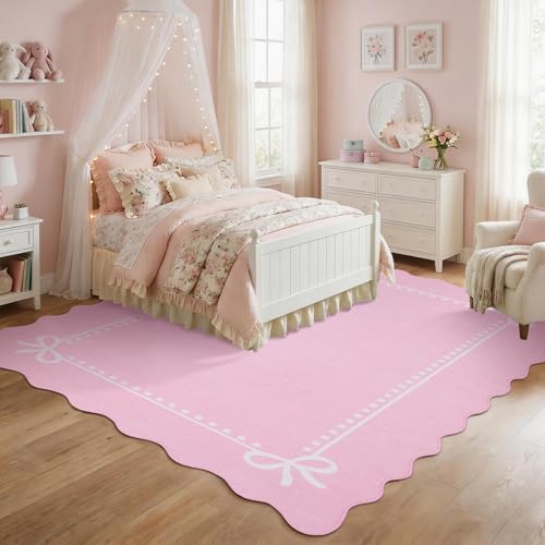 Garvee Scalloped Bow Rug Pink Washable Solid 3x5 Area Rugs - Image 3