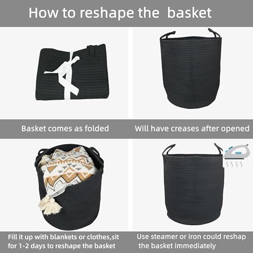 Woven Cotton Rope Laundry Basket Hamper 16" x 22" Large Black - Image 7
