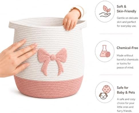 Pink Bow Baby Laundry Basket, Cotton Rope Nursery Hamper - Image 5