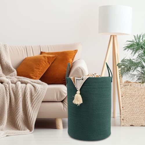 Woven Cotton Rope Laundry Basket, 15x20 Laundry Hamper, Dark Green - Image 5