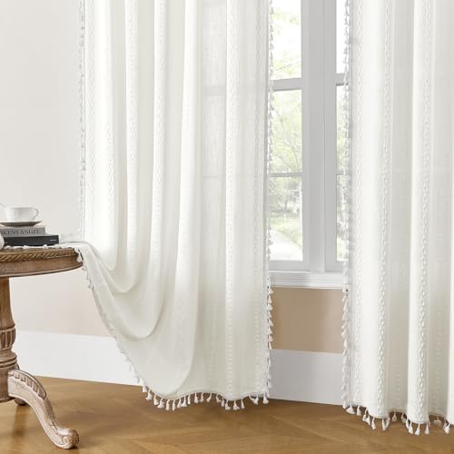 MitoVilla Ivory Boho Linen Bedroom Curtains 84 Inch Length 2 Panels Set - Image 2