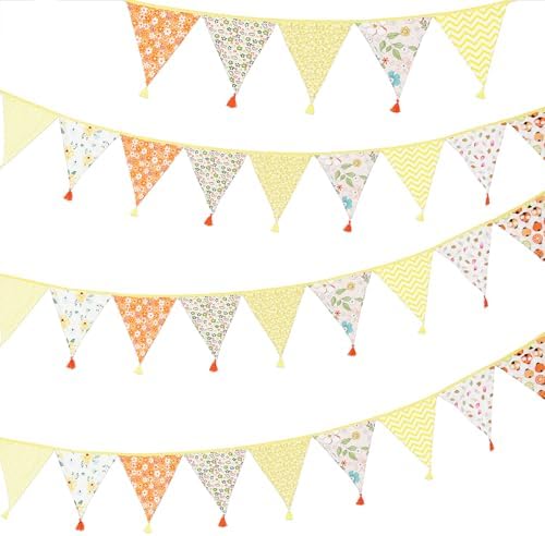 G2PLUS 10.8Ft Cotton Triangle Bunting Banner – 12pcs Yellow Floral Fabric by G2PLUS