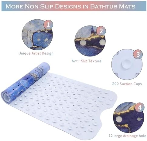 Blue Bathtub Mat Non Slip Marble Gold Line Extra Long Bath Mat - Image 4