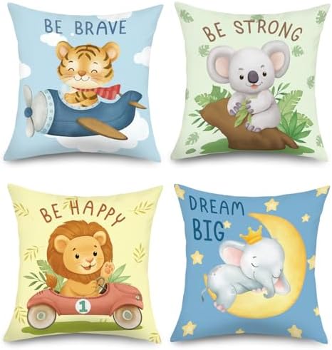 18x18 Set of 4 Baby Cartoon Animals Throw Pillow Cushion Covers by JOYMAISON