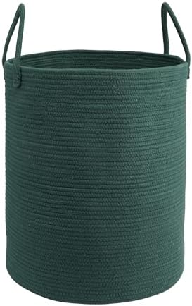 Woven Cotton Rope Laundry Basket, 15x20 Laundry Hamper, Dark Green by JUNBOLE