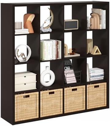 Furinno Cubicle 16-Cube Book Shelf, Extra Thick Frame Bookshelf, Dark Oak by Furinno-FitsYourSpaceFitsYourBudget