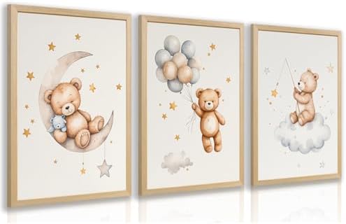 Teddy Bear Pictures Wall Decor, Baby Nursery Wall Art Wood Framed 12x16in by Clicyre