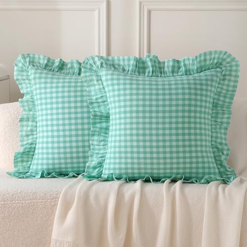 2 Pack Spa Blue Gingham Ruffle Throw Pillow Covers 18''x18'' by KMASANIJI