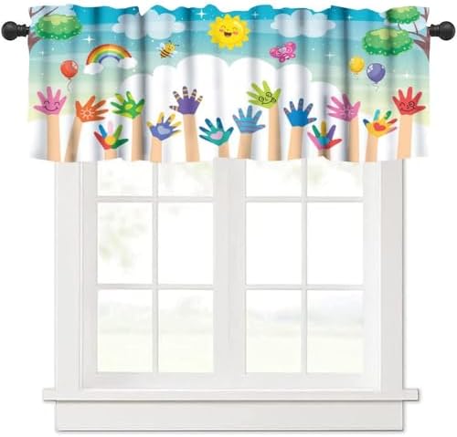 Cartoon Valances Curtains Kids Handprint Bees Sun Rainbow Pattern Window by Unknown