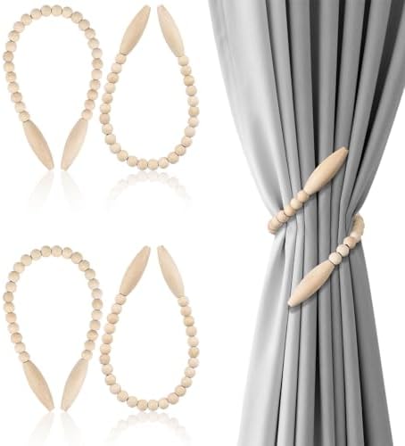 Wood Bead Curtain Tiebacks 4 Pack, No Drill Curtain Holdbacks by OCIOLI