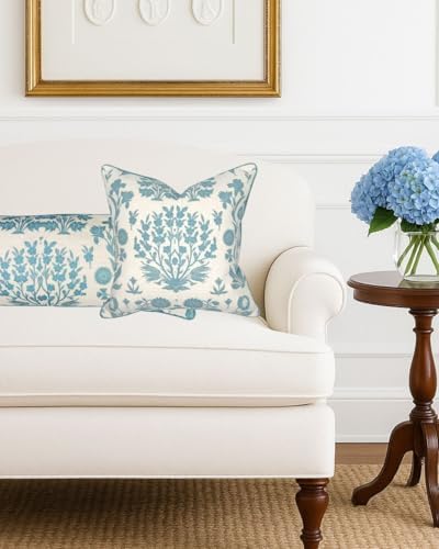 Jillien Harbor “The Charlotte” Bright Sky Blue Floral Block Print Pillow Cover - Image 2
