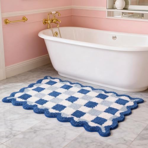 ORTIGIA Cute Blue Checkered Scalloped Bath Mat, Fun Plush Microfiber Bathroom by ORTIGIA