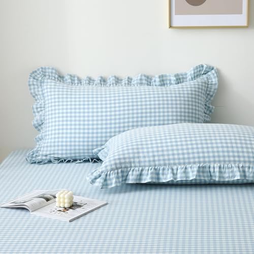 2 Pack Light Blue Gingham Ruffle Standard Pillow Shams 20"x26" by KMASANIJI