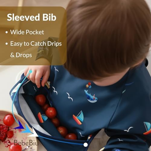 Long Sleeve Baby Bib, Waterproof Fabric, Catch-All Pocket, Baby Smock Bib - Image 5