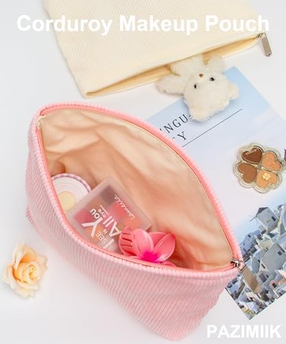 Flat Makeup Bag for Women, Zipper Cosmetic Pouch Purse, Corduroy Cute Pink - Image 6