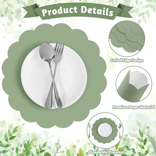 120 Pcs Sage Green Paper Placemat, Disposable Scalloped Wedding Placemats - Image 3