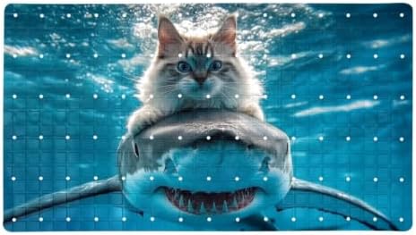 Bathtub Mat Non Slip 26.8x15.1In, Cat Riding Shark in Ocean Bath Mat by Anna+Cowper