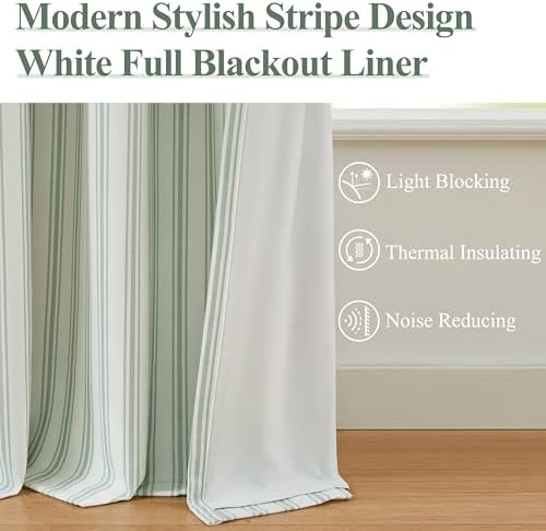 ZJDECOR 72 Inch Green White Striped Full Blackout Curtain Panels - Image 3