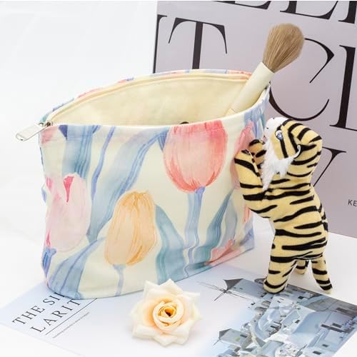 Flat Makeup Bag for Women, Zipper Cosmetic Pouch for Purse, Tulips Pink - Image 2
