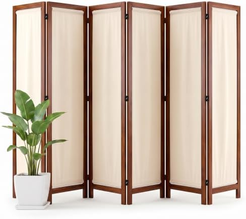 Wood Room Divider Panel with Linen Fabric, Boho Folding Privacy Screen 67" by Shinkael
