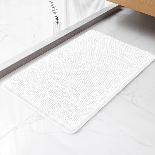Chenille Bathroom Rug 20"x32" White, Non-Slip Plush Bath Mat by Kildoss