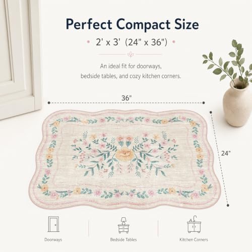 Scalloped Door Mat 2x3 Small Pink Floral Washable Entryway Rug - Image 2