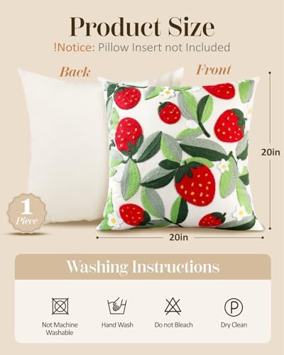 Embroidered Throw Pillow Cover, 20x20 Inch, Strawberry Leaves - Image 4