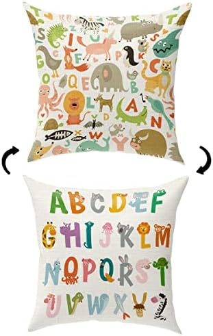 KongMoTree Cute Animal Alphabet Throw Pillow Case, Colorful Rainbow ABC Letters by KongMoTree