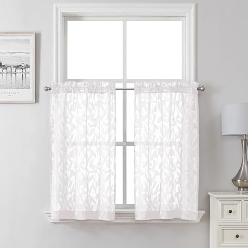 Lecloud Leia White Sheer Kitchen Curtains 36 Inch Length 2 Pcs, Jacquard Leaf by Lecloud