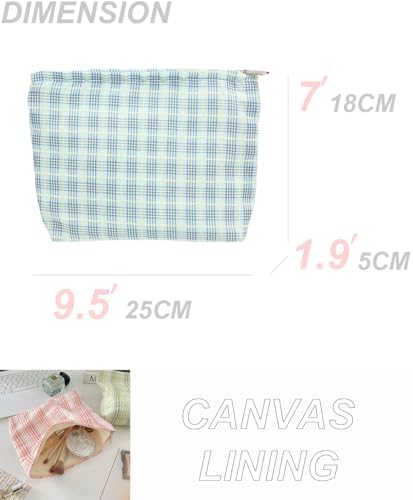 Flat Makeup Bag for Women, Zipper Cosmetic Pouch for Purse, Plaid Blue - Image 4
