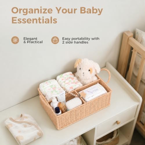 Diaper Caddy Organizer, Hand Rattan Nursery Baby Basket Changing Table Organizer - Image 4