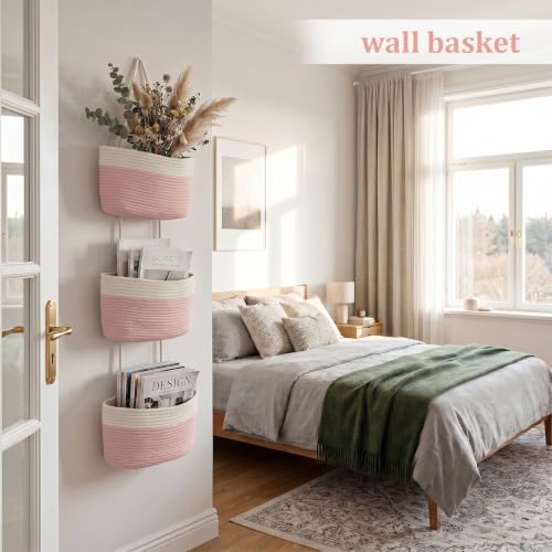 TeoKJ Over the Door Hanging Basket, 3-Tier Woven Cotton Wall-Mounted Storage - Image 3