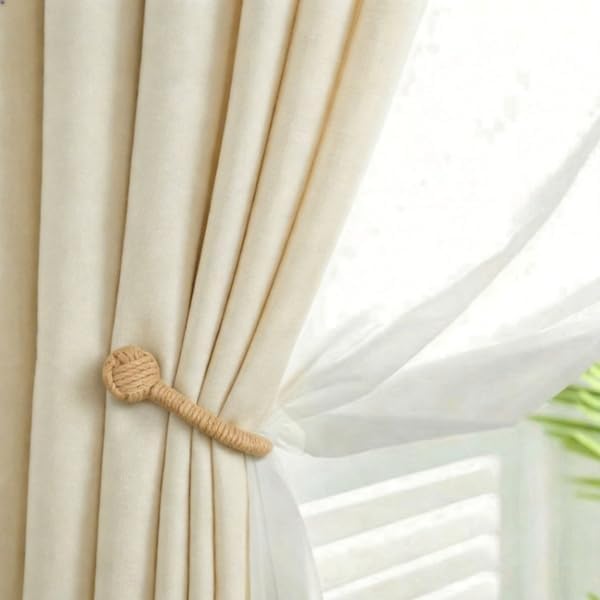 Hand Woven Jute Curtain Holdbacks, Wall Mounted Hooks 2 Pack - Image 4