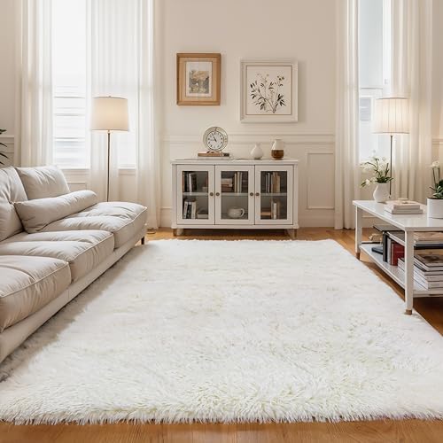 5x7 Cream White Shag Rug for Girls Bedroom, Soft Plush Fluffy Carpet by KICHOWUA