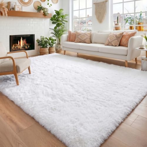 Amdrebio White Fuzzy Furry Small Kids Area Rug 3x5 by Amdrebio