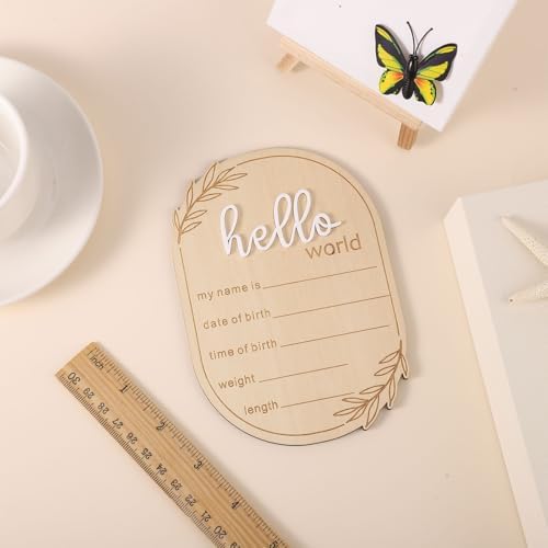 Baby Announcement Sign, 5.91x4.13 Inch Wooden Hello World Baby Name Sign - Image 3