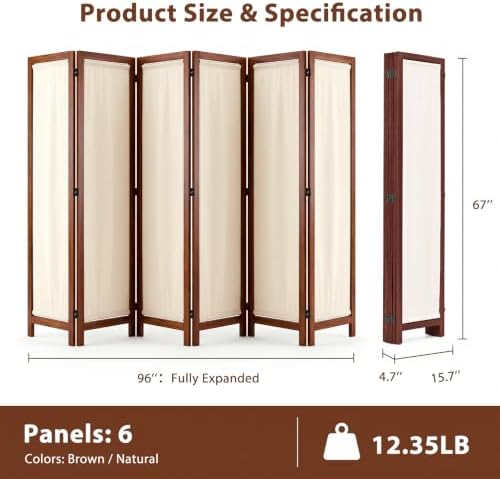 Wood Room Divider Panel with Linen Fabric, Boho Folding Privacy Screen 67" - Image 2