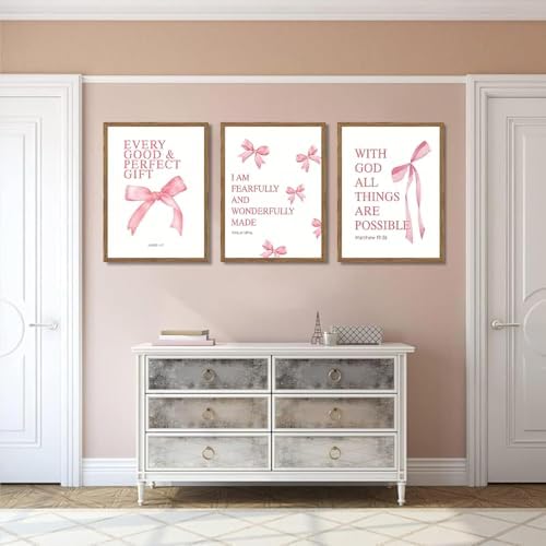 JBZDD Wood Coquette Pink Bow Canvas Wall Art Set of 3, Inspirational Bible - Image 7