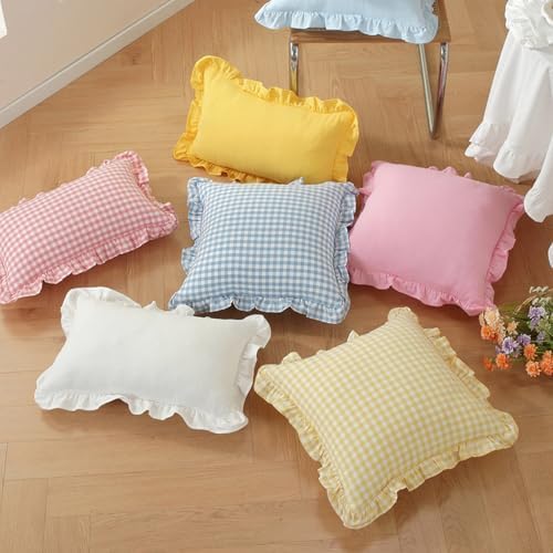 Set of 2 Light Blue and White Ruffle Throw Pillow Covers 18x18 Inch, Gingham - Image 6