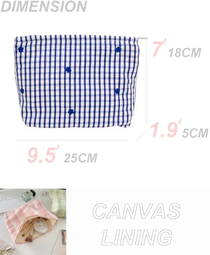 Flat Makeup Bag for Women, Zipper Cosmetic Pouch for Purse, Gingham Blue - Image 4