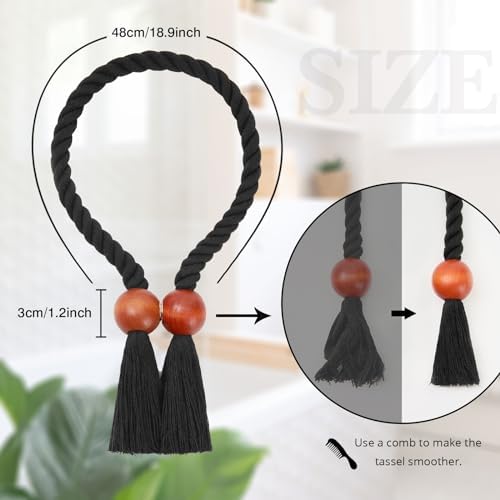 NICEEC 2 Pack Wooden Ball Magnetic Curtain Tiebacks Boho Home Decor Drape Tie - Image 4