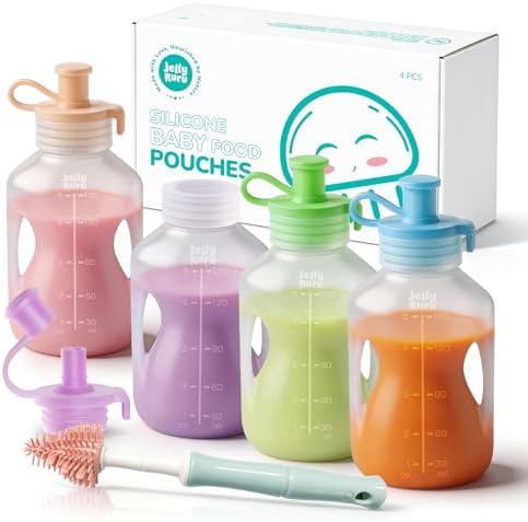 Jelly Ruru Silicone Reusable Baby Food Pouches, 5oz Squeeze Pouch, 4 Pack by Jelly+Ruru