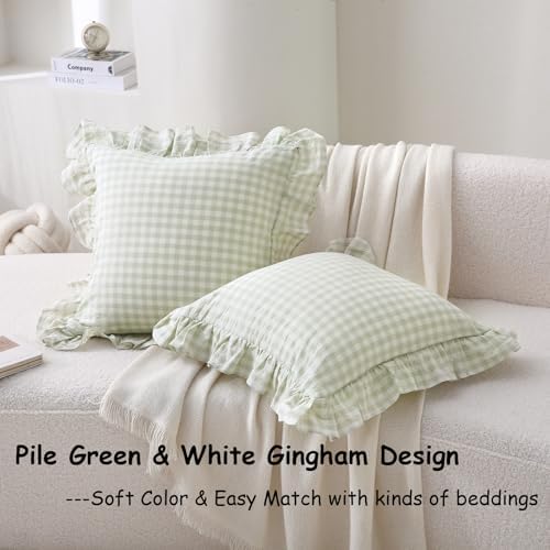 2 Pack Pile Green Gingham Ruffle Throw Pillow Covers 18''x18'' - Image 2