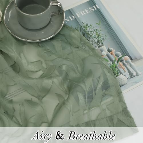 Lecloud Leia Sage Green Sheer Kitchen Curtains 24 Inch Length 2 Pcs, Jacquard - Image 2