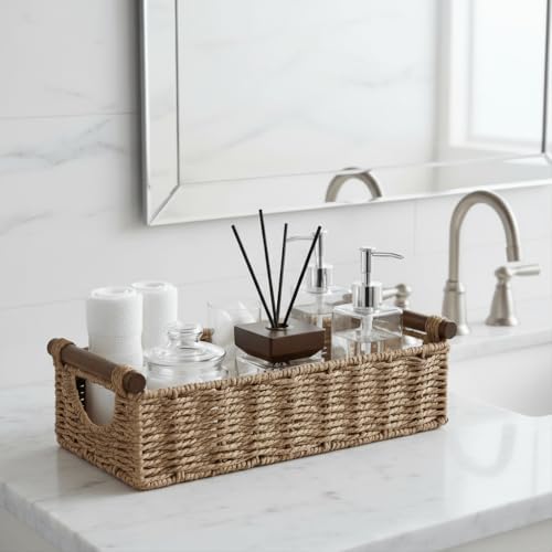 CubesLand Wicker Toilet Storage Basket Tray Organizer W/Cut Out Handle - Image 6